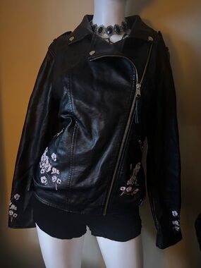 Women's Black Faux Leather Moto Jacket with Pink Floral Appliqué